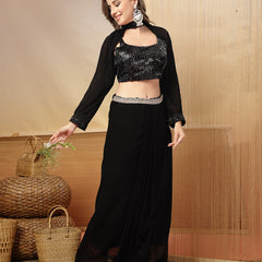 Stylum Women's Black Solid & Embroidered Georgette Co-Ords Set (CSBLACKLOFT)