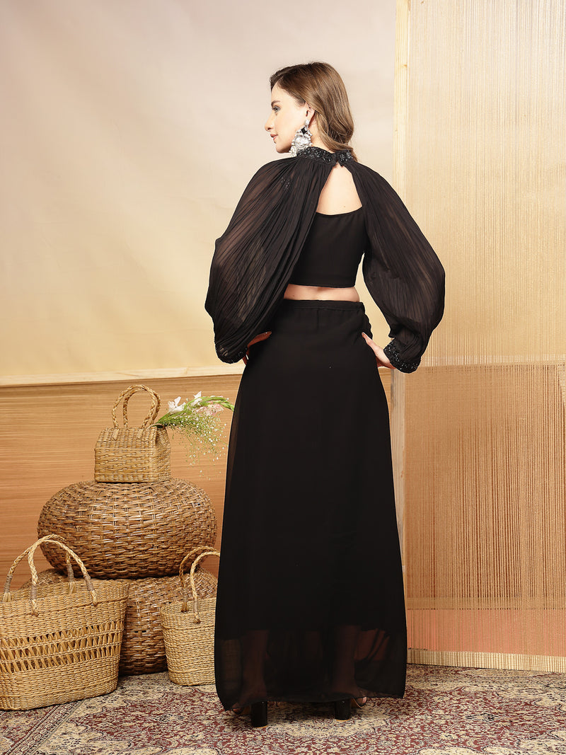 Stylum Women's Black Solid & Embroidered Georgette Co-Ords Set (CSBLACKLOFT)