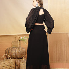 Stylum Women's Black Solid & Embroidered Georgette Co-Ords Set (CSBLACKLOFT)