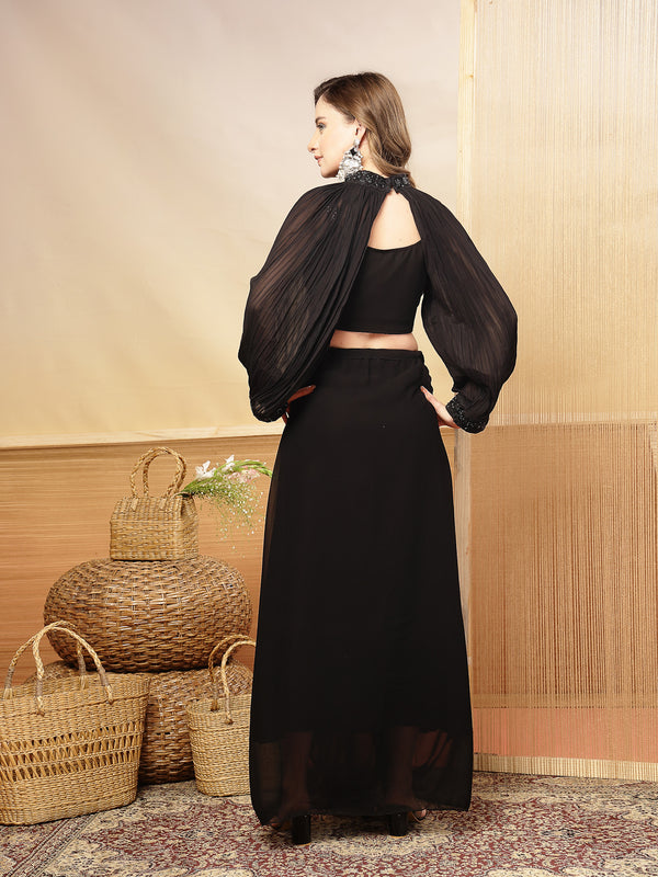 Stylum Women's Black Solid & Embroidered Georgette Co-Ords Set (CSBLACKLOFT)