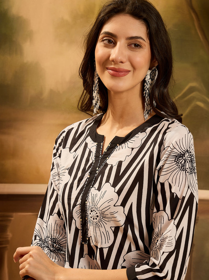 Stylum Women's Black Striped & Floral Printed Cotton Co-ord Set (CSBLACKNORBU)