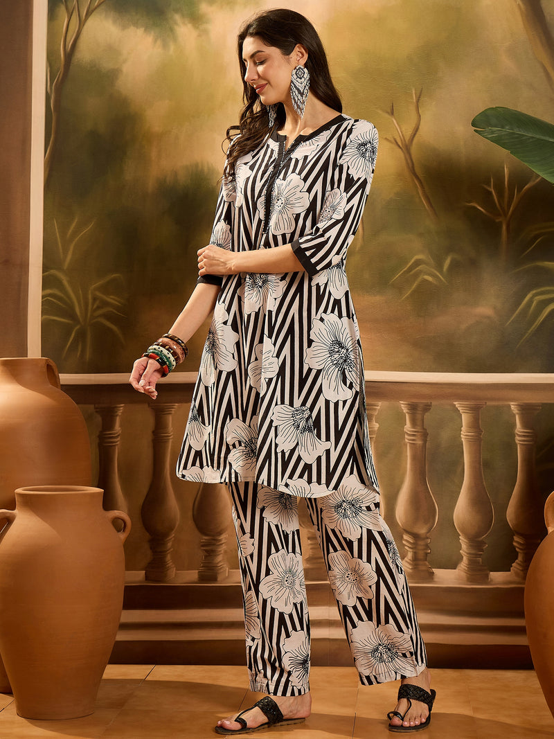 Stylum Women's Black Striped & Floral Printed Cotton Co-ord Set (CSBLACKNORBU)