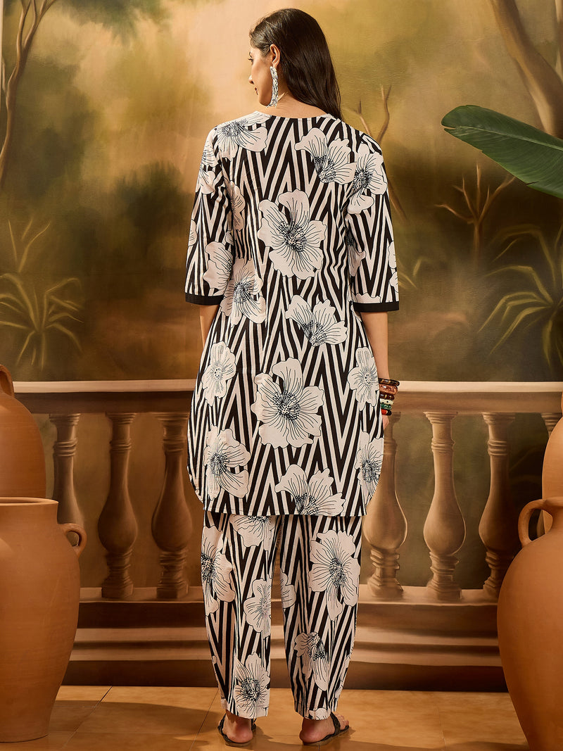 Stylum Women's Black Striped & Floral Printed Cotton Co-ord Set (CSBLACKNORBU)