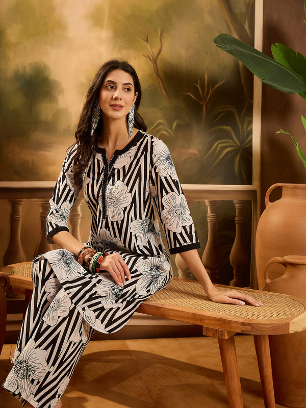 Stylum Women's Black Striped & Floral Printed Cotton Co-ord Set (CSBLACKNORBU)