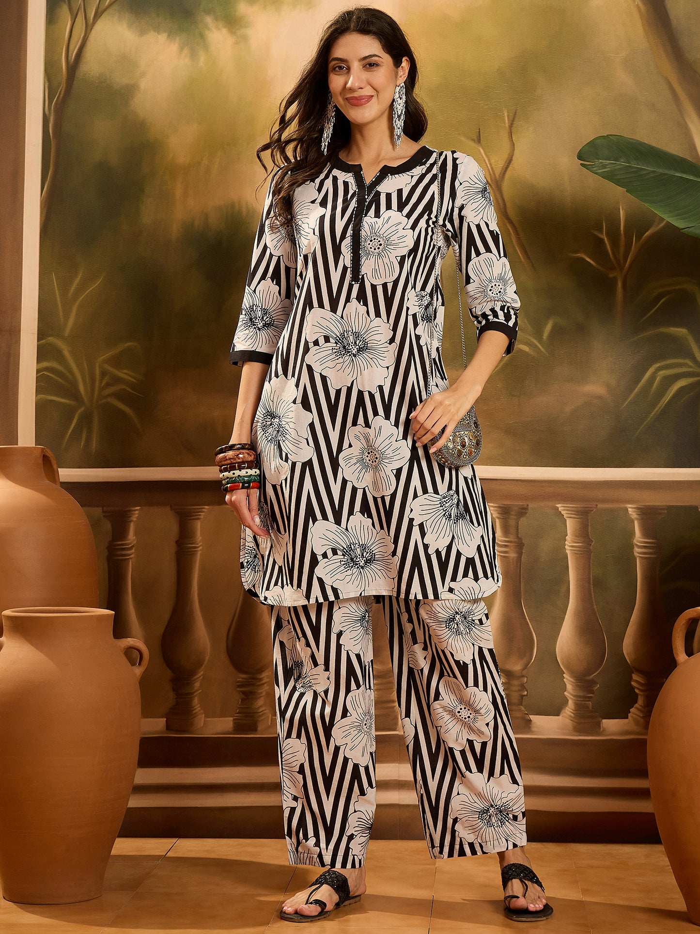 Stylum Women's Black Striped & Floral Printed Cotton Co-ord Set (CSBLACKNORBU)
