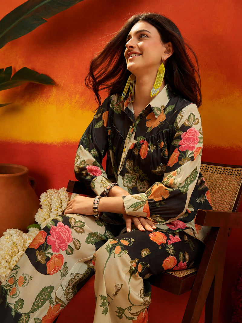 Stylum Women's Black Floral Printed Rayon Co-Ord Set (CSBLACKRUSSIA)
