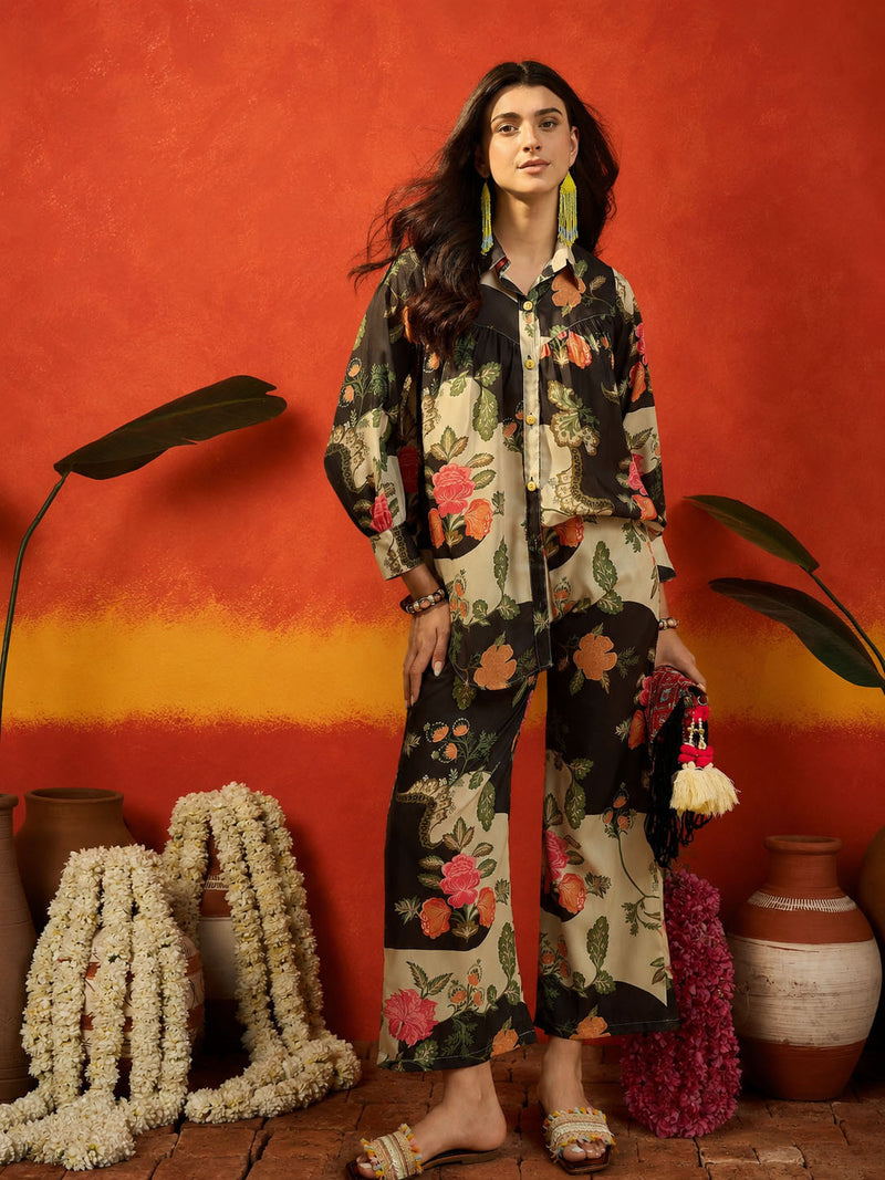 Stylum Women's Black Floral Printed Rayon Co-Ord Set (CSBLACKRUSSIA)