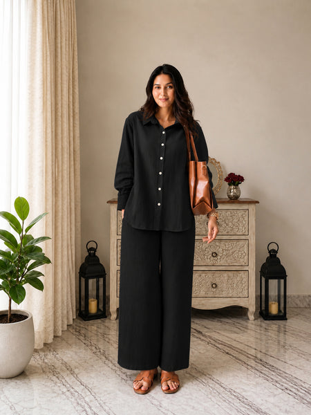 Stylum Women's Black Solid Crepe Co-Ord Set (CSBLACKSIDAN)