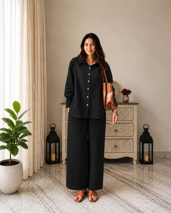 Stylum Women's Black Solid Crused Rayon Co-Ord Set (CSBLACKSIDAN)