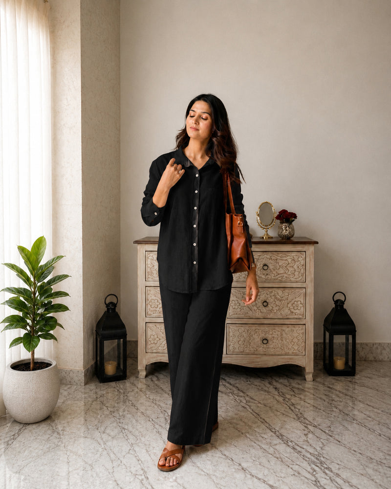 Stylum Women's Black Solid Crused Rayon Co-Ord Set (CSBLACKSIDAN)