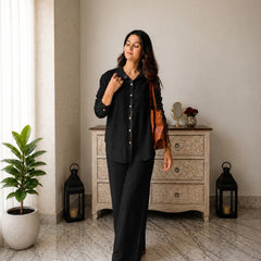Stylum Women's Black Solid Crused Rayon Co-Ord Set (CSBLACKSIDAN)