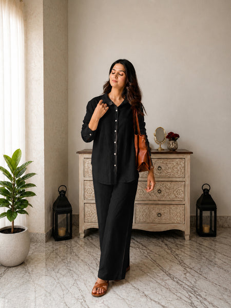 Stylum Women's Black Solid Crepe Co-Ord Set (CSBLACKSIDAN)