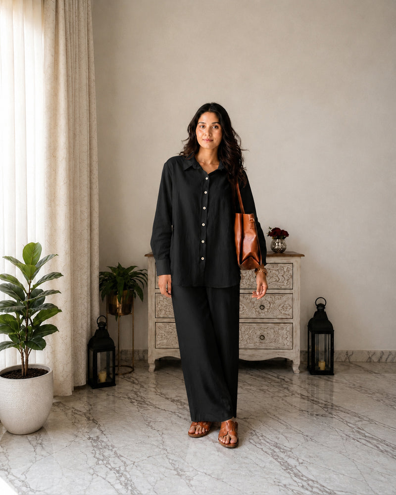 Stylum Women's Black Solid Crused Rayon Co-Ord Set (CSBLACKSIDAN)