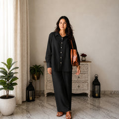 Stylum Women's Black Solid Crused Rayon Co-Ord Set (CSBLACKSIDAN)