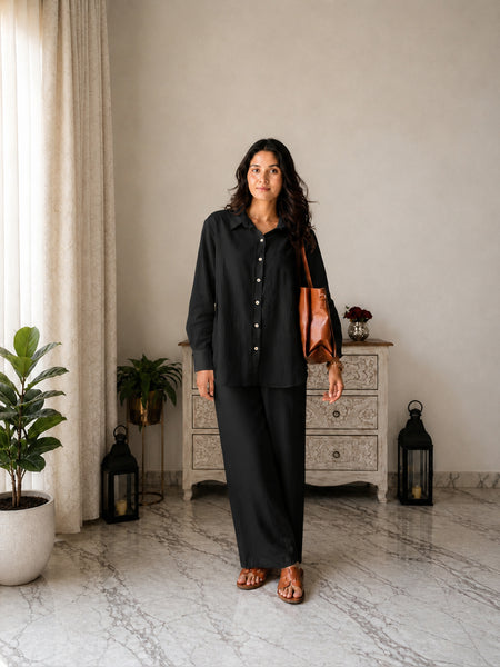 Stylum Women's Black Solid Crepe Co-Ord Set (CSBLACKSIDAN)