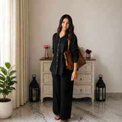 Stylum Women's Black Solid Crused Rayon Co-Ord Set (CSBLACKSIDAN)