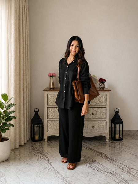 Stylum Women's Black Solid Crepe Co-Ord Set (CSBLACKSIDAN)