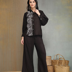 Stylum Women's Black Solid & Embroidered Rayon Co-Ord Set (CSBLACKVARI)