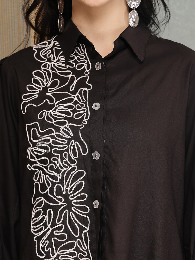 Stylum Women's Black Solid & Embroidered Rayon Co-Ord Set (CSBLACKVARI)