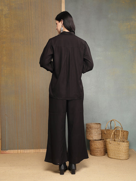 Stylum Women's Black Solid & Embroidered Rayon Co-Ord Set (CSBLACKVARI)