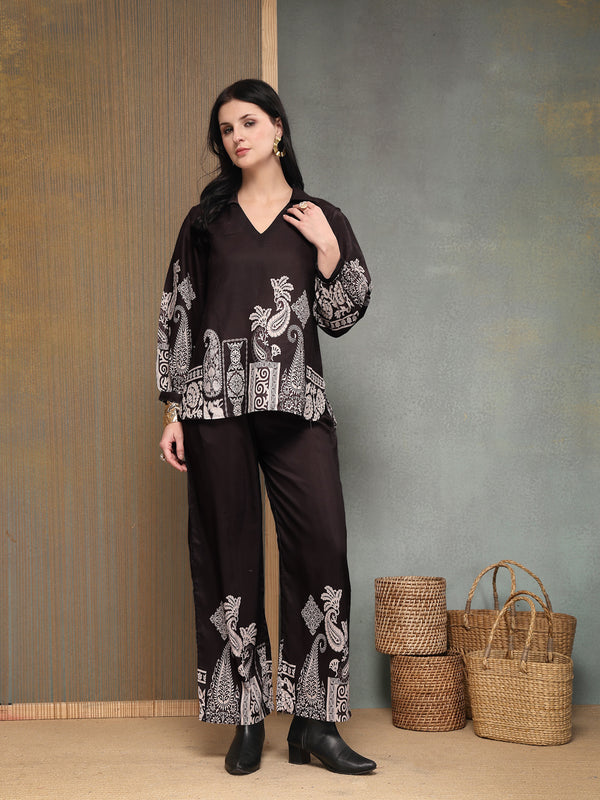 Stylum Women's Black Paisley Digital Printed Rayon High Low Co-Ord Set (CSBLACKVILLA)