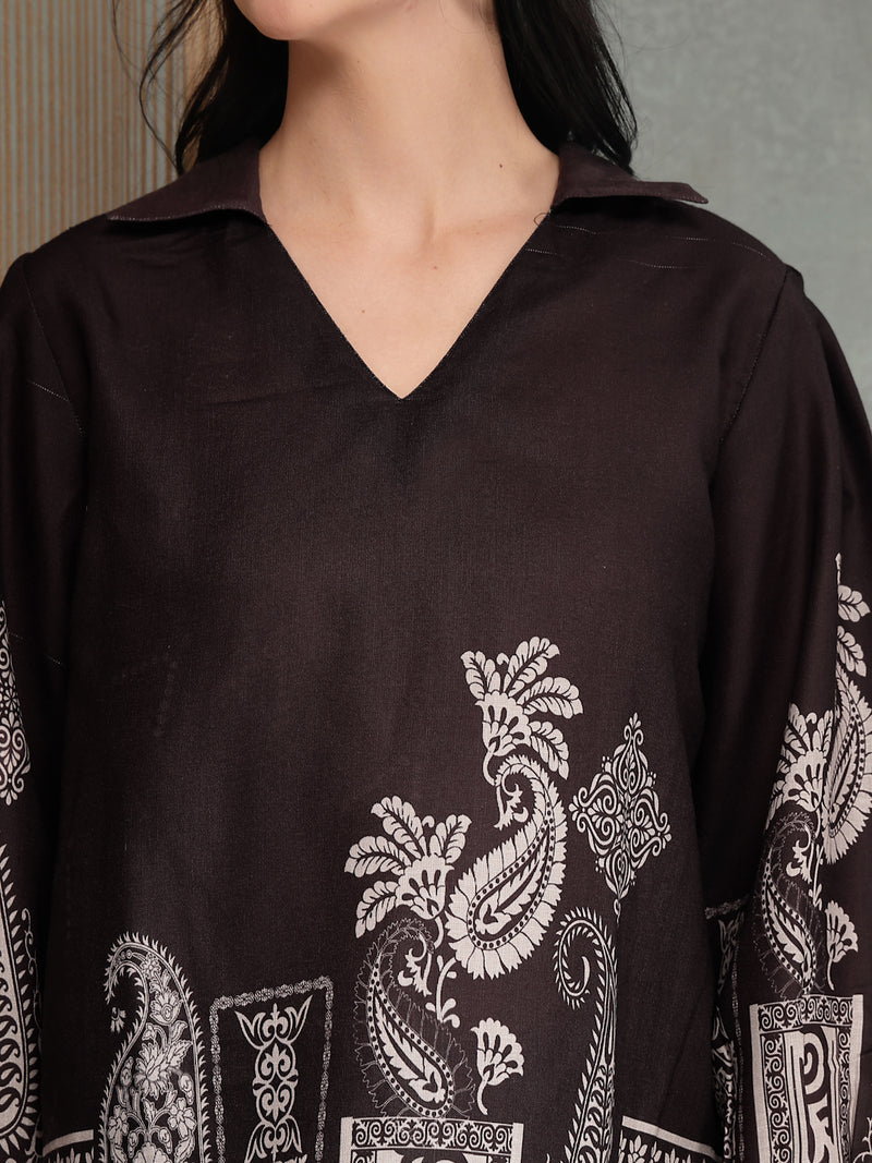 Stylum Women's Black Paisley Digital Printed Rayon High Low Co-Ord Set (CSBLACKVILLA)