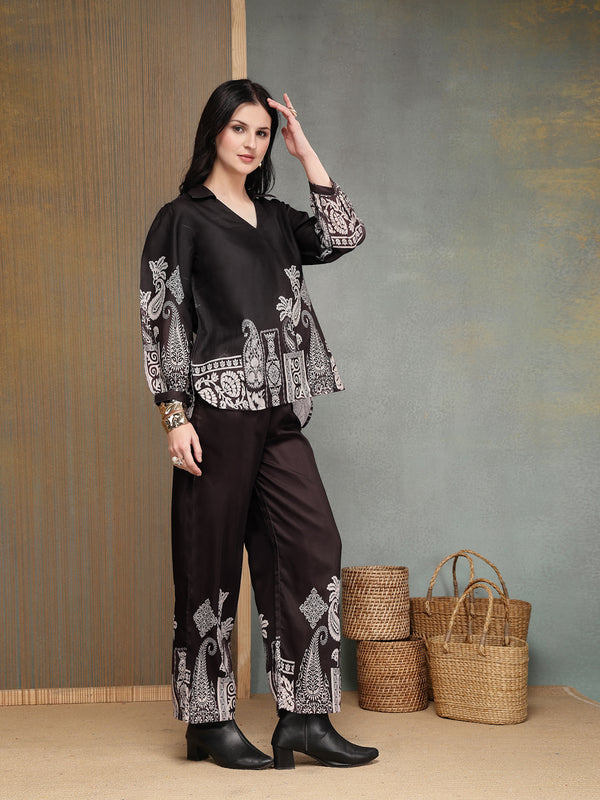 Stylum Women's Black Paisley Digital Printed Rayon High Low Co-Ord Set (CSBLACKVILLA)