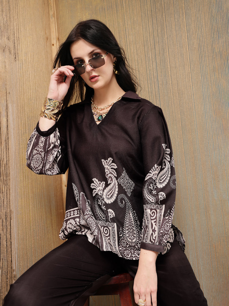 Stylum Women's Black Paisley Digital Printed Rayon High Low Co-Ord Set (CSBLACKVILLA)