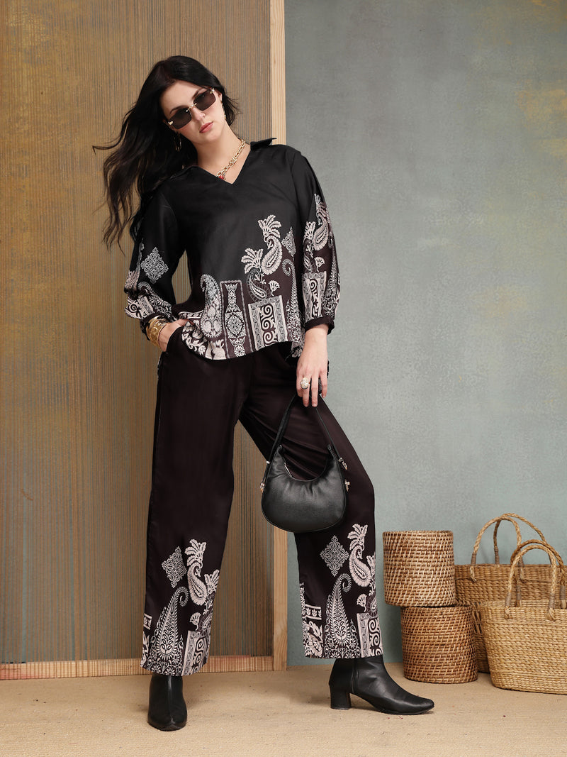 Stylum Women's Black Paisley Digital Printed Rayon High Low Co-Ord Set (CSBLACKVILLA)