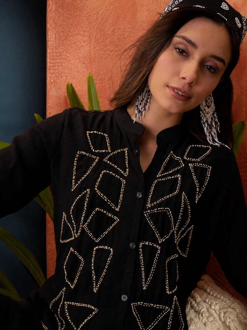 Stylum Women's Black Solid & Embroidered Acrylic Straight Co-Ord Set (CSBLACKZARZA)
