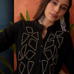 Stylum Women's Black Solid & Embroidered Acrylic Straight Co-Ord Set (CSBLACKZARZA)