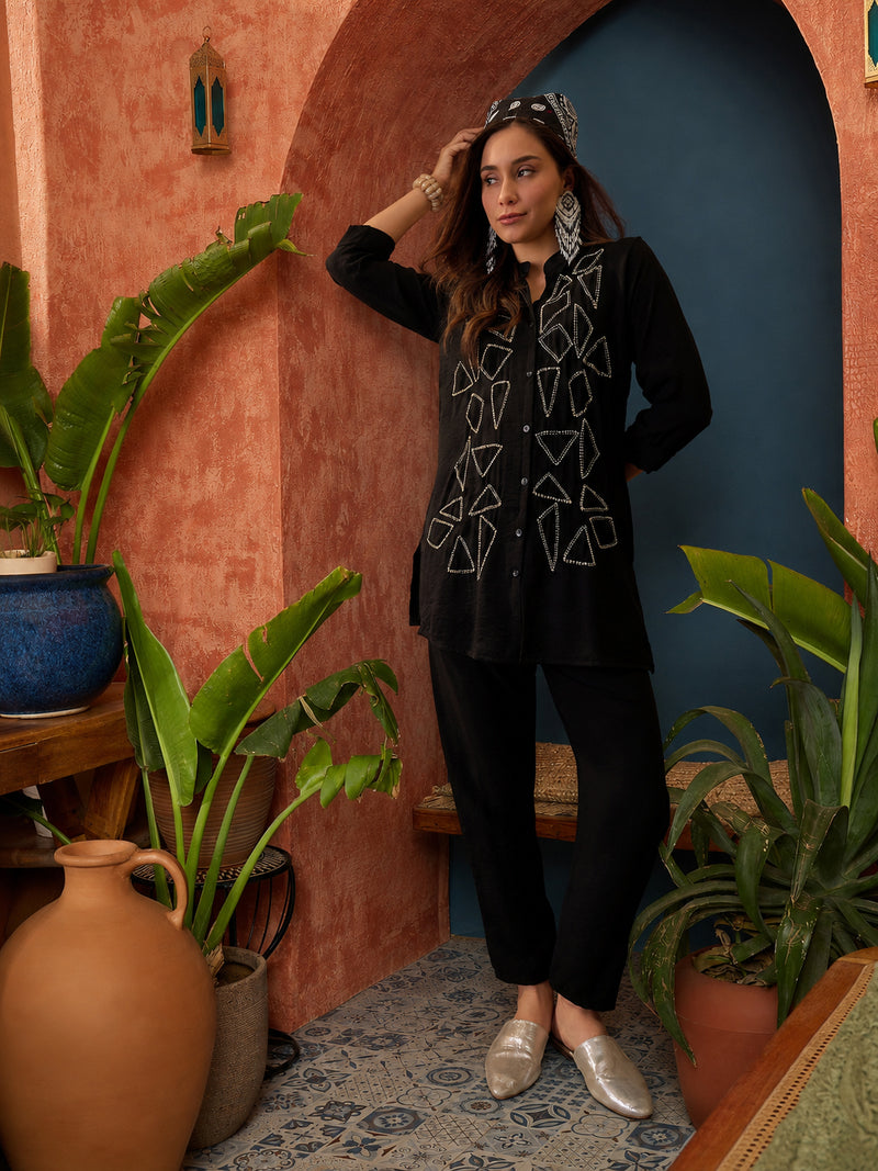 Stylum Women's Black Solid & Embroidered Acrylic Straight Co-Ord Set (CSBLACKZARZA)