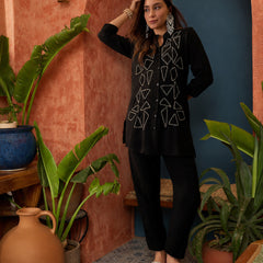 Stylum Women's Black Solid & Embroidered Acrylic Straight Co-Ord Set (CSBLACKZARZA)