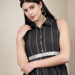 Stylum Women's Woven Lurex Striped Cotton Blend Co-Ord Set  (CSBLKCURRENT)