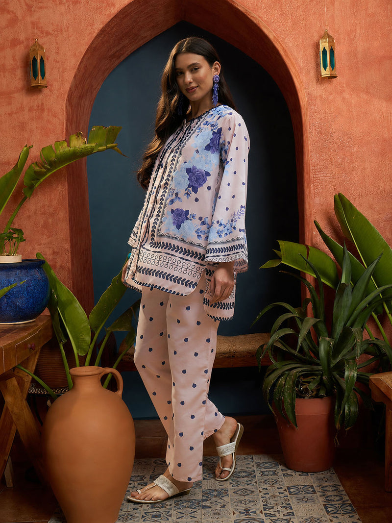 Stylum Women's Blue Floral Printed High-Low Rayon Co-Ord Set (CSBLUEAARZOO)