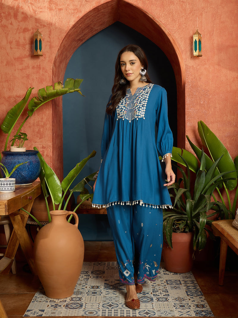 Stylum Women's Blue Solid & Embroidered Rayon A-Line Co-Ord Set (CSBLUEARREST)