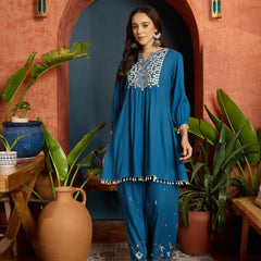 Stylum Women's Blue Solid & Embroidered Rayon A-Line Co-Ord Set (CSBLUEARREST)