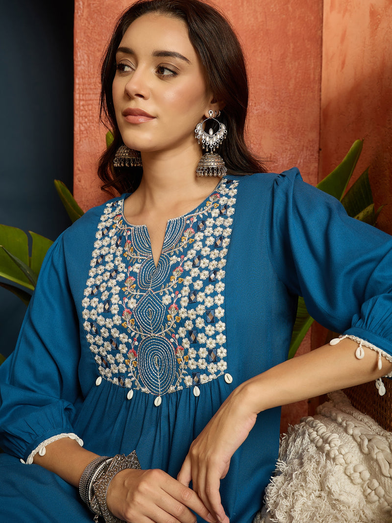 Stylum Women's Blue Solid & Embroidered Rayon A-Line Co-Ord Set (CSBLUEARREST)