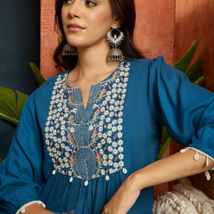 Stylum Women's Blue Solid & Embroidered Rayon A-Line Co-Ord Set (CSBLUEARREST)