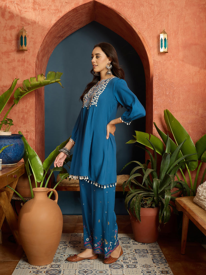 Stylum Women's Blue Solid & Embroidered Rayon A-Line Co-Ord Set (CSBLUEARREST)