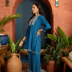Stylum Women's Blue Solid & Embroidered Rayon A-Line Co-Ord Set (CSBLUEARREST)