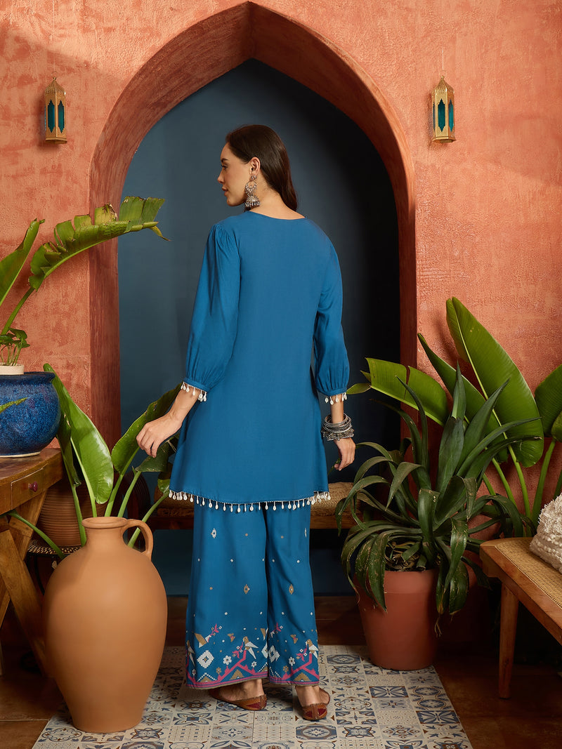 Stylum Women's Blue Solid & Embroidered Rayon A-Line Co-Ord Set (CSBLUEARREST)
