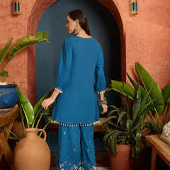 Stylum Women's Blue Solid & Embroidered Rayon A-Line Co-Ord Set (CSBLUEARREST)