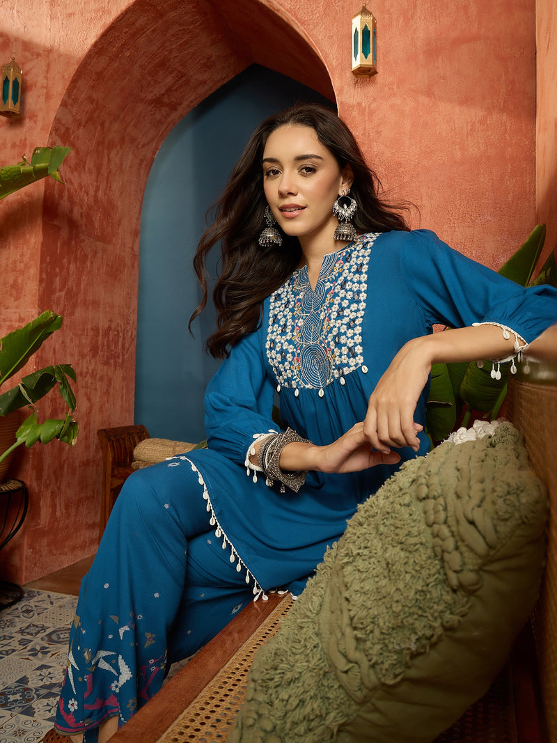 Stylum Women's Blue Solid & Embroidered Rayon A-Line Co-Ord Set (CSBLUEARREST)