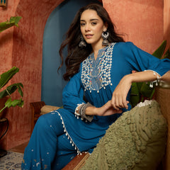 Stylum Women's Blue Solid & Embroidered Rayon A-Line Co-Ord Set (CSBLUEARREST)