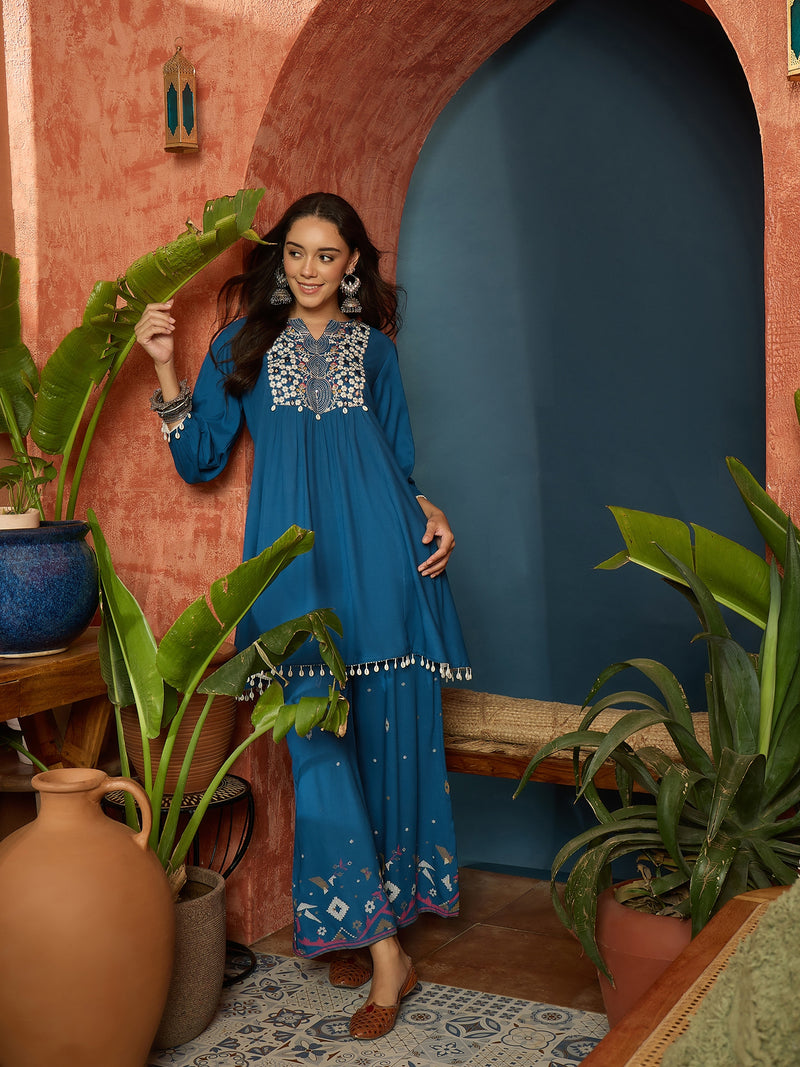 Stylum Women's Blue Solid & Embroidered Rayon A-Line Co-Ord Set (CSBLUEARREST)