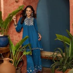 Stylum Women's Blue Solid & Embroidered Rayon A-Line Co-Ord Set (CSBLUEARREST)