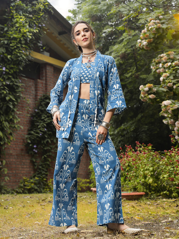 Stylum Women's Blue Ikat Printed Katha Cotton Co-Ord Set (CSBLUEBONG)
