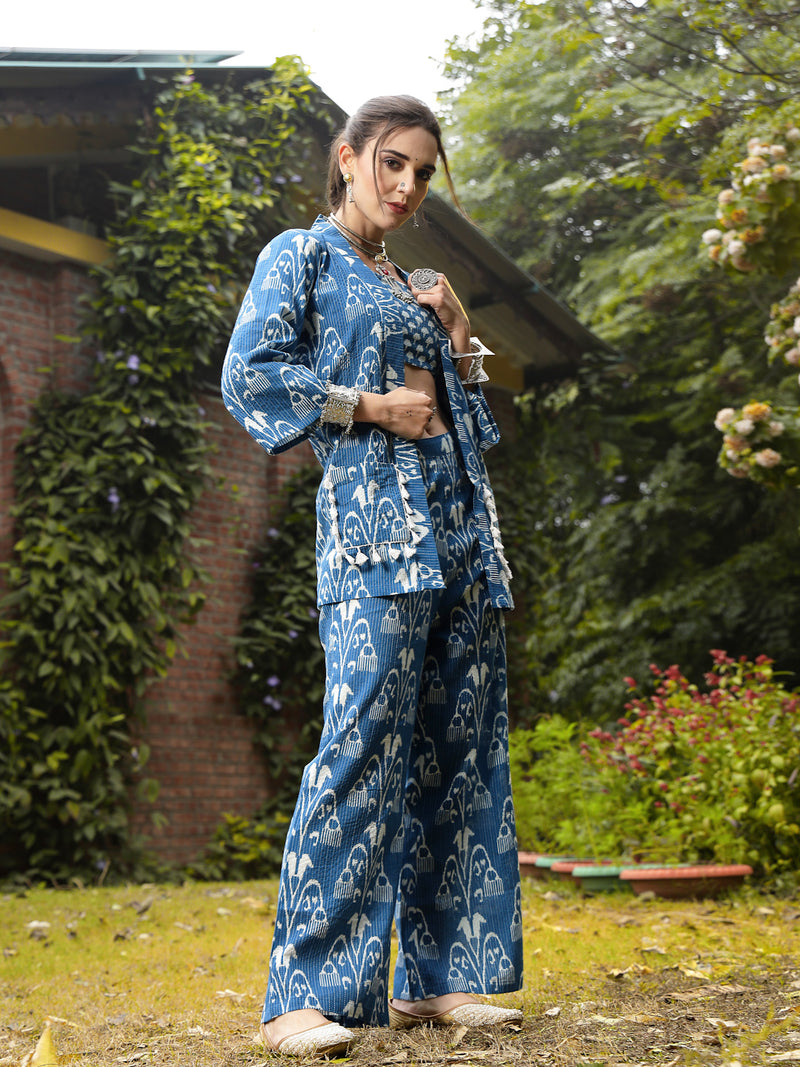 Stylum Women's Blue Ikat Printed Katha Cotton Co-Ord Set (CSBLUEBONG)