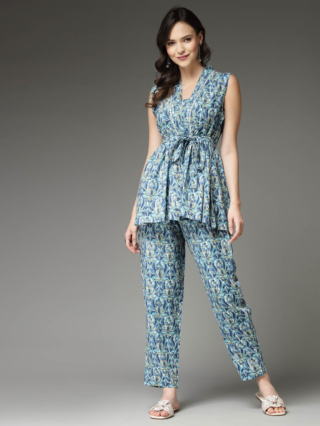 Stylum Women's Printed Rayon Co-Ord set (CSBLUECHERRY)